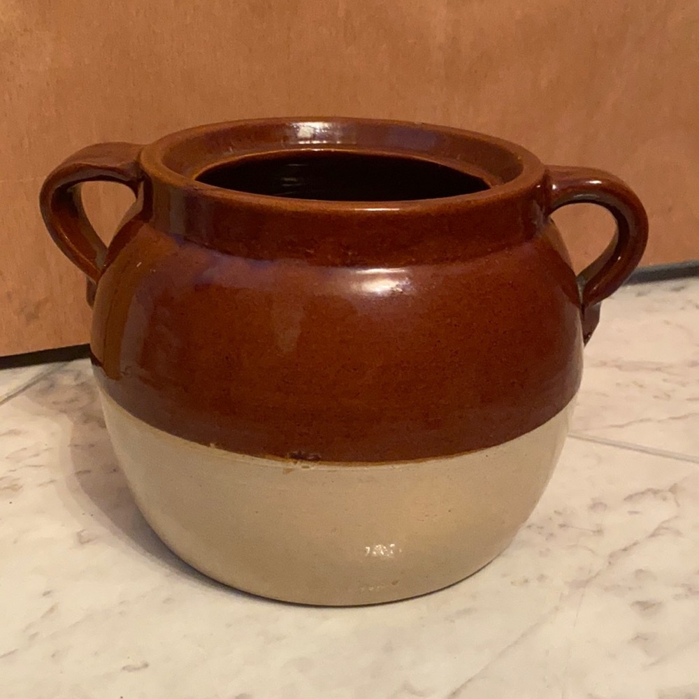 Two-Tone Brown and Cream Ceramic Planter Pot with Handles